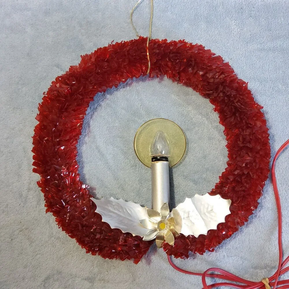 Vintage Red Cellophane Wreath Electric Lighted Candle Christmas Decor 12